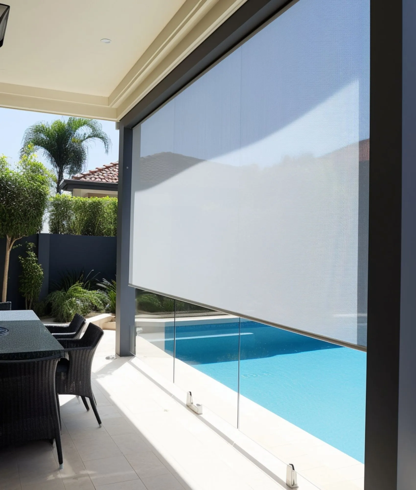 Outdoor blind beside a swimming pool