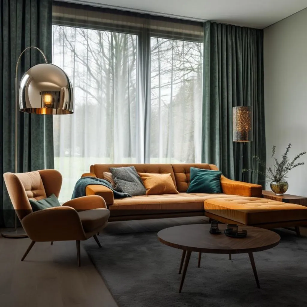 living room with mid-century style curtains