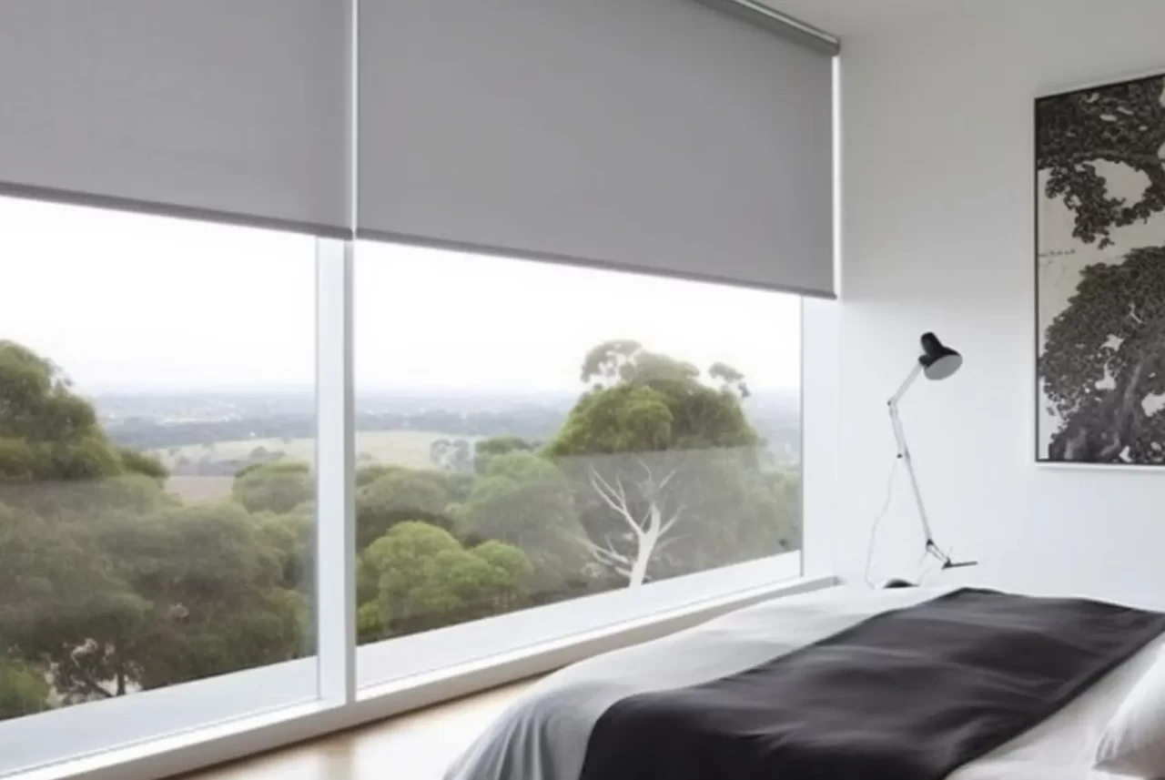 Grey tone roller blind fabric with a metal bottom rail