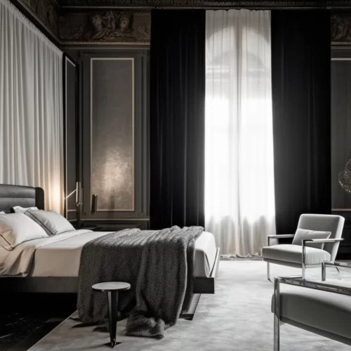 Bedroom with black blockout curtains over white sheers
