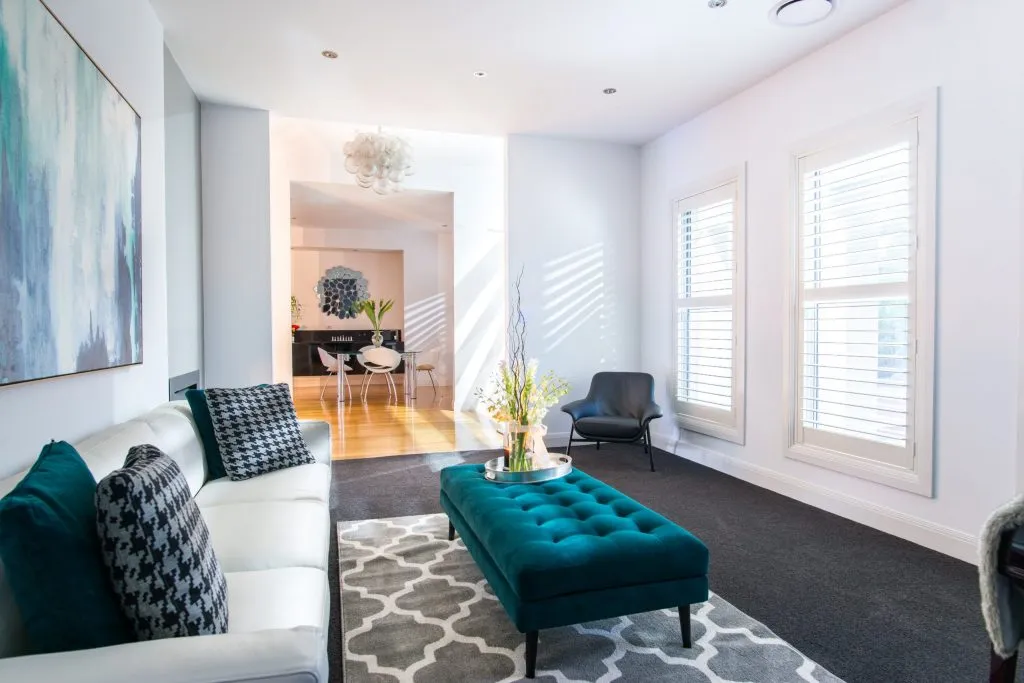 Basswood plantation shutters in a living room