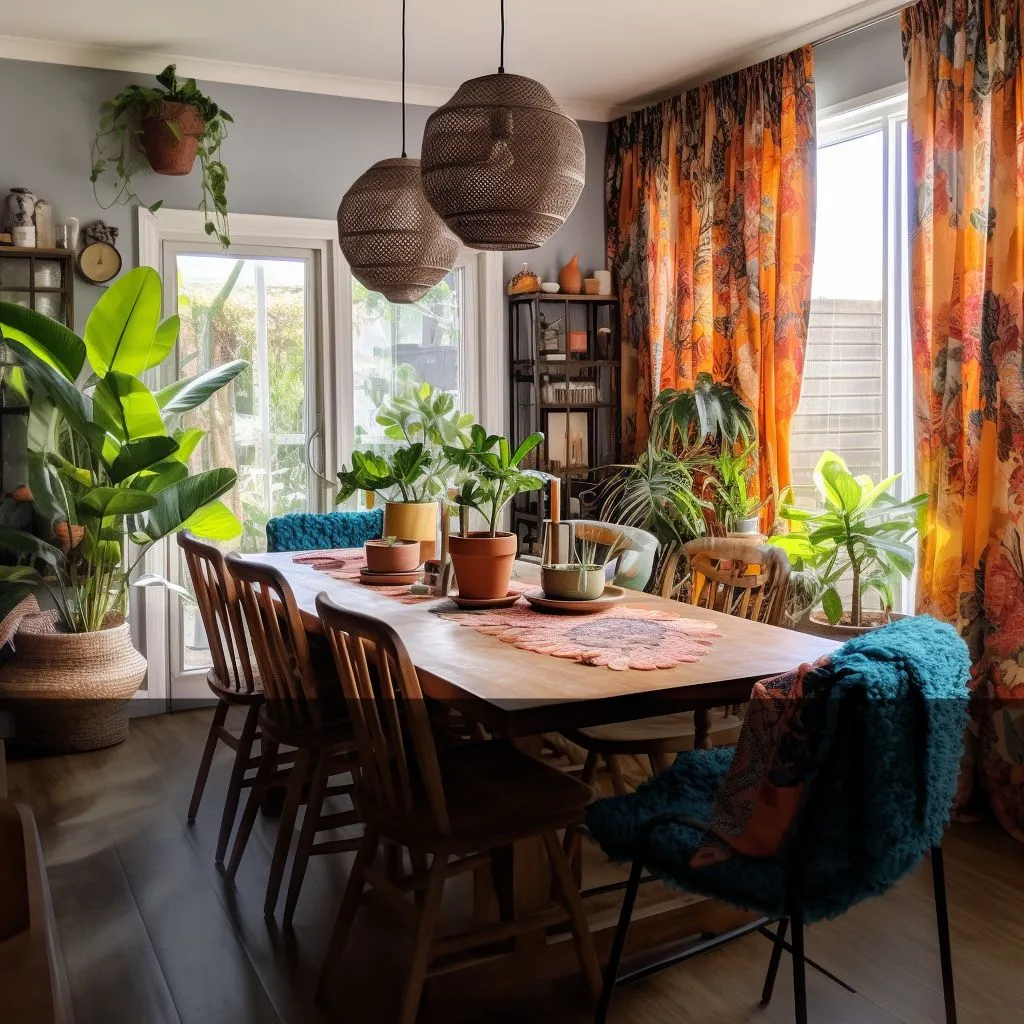 dining room with boho style curtains