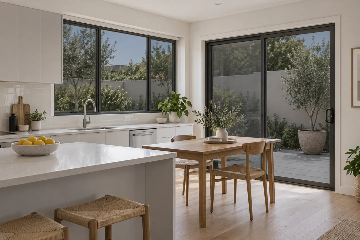 Illustration: kitchen and meals area with tinted film on the window and sliding door, the sunny courtyard softened beyond
