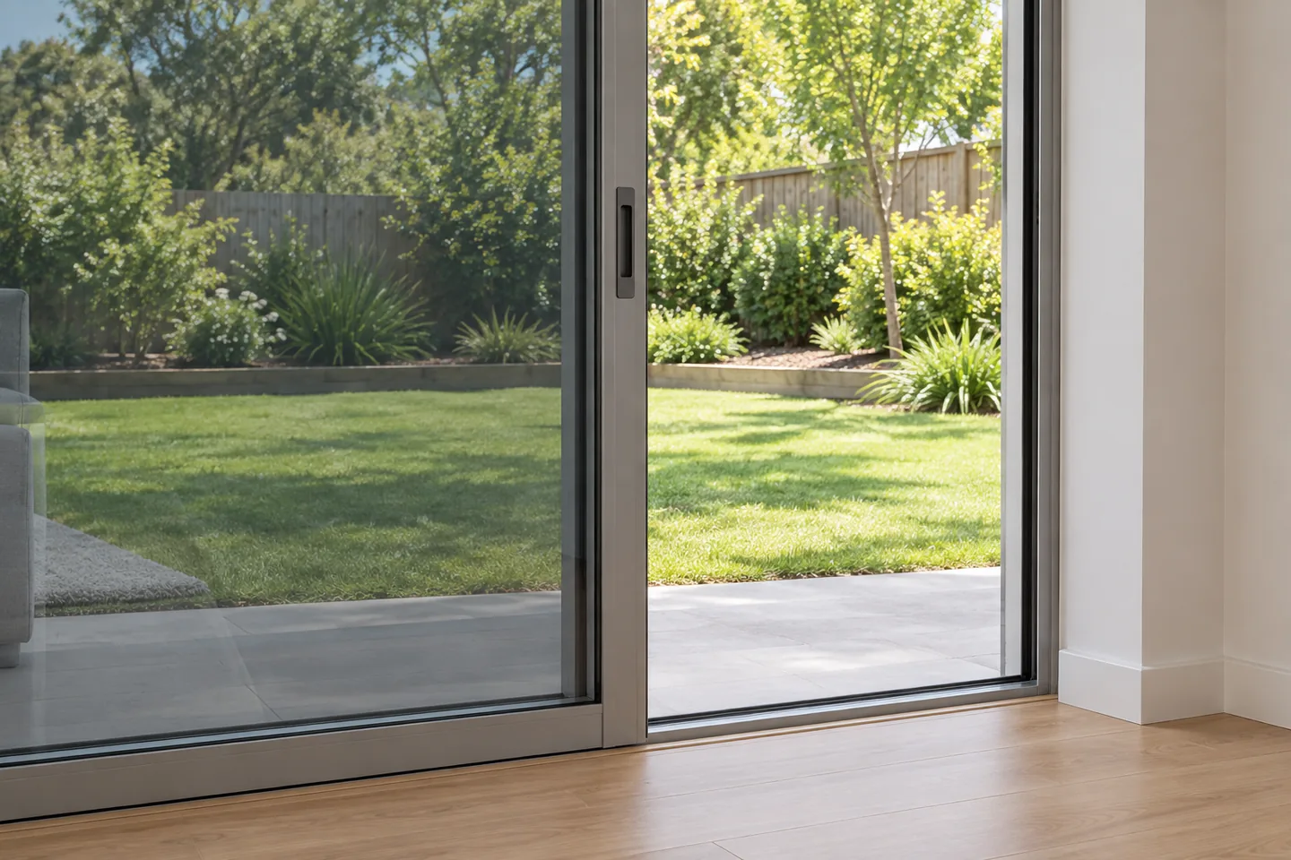 Illustration: sliding door partly open, the garden a little darker through the tinted glass than through the open gap