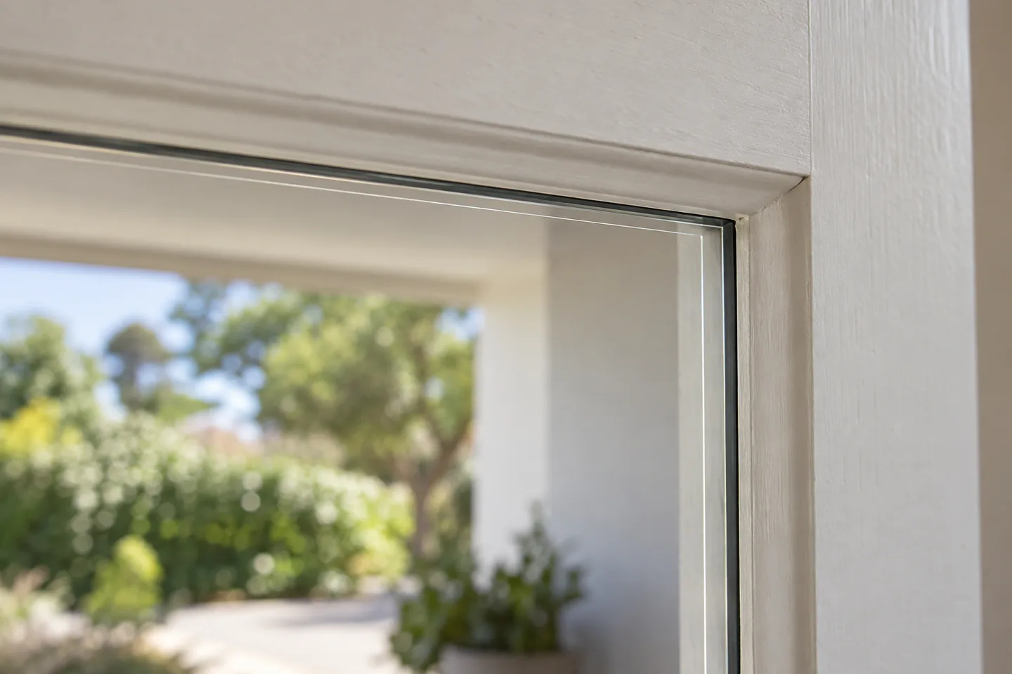 Illustration: close view of a door glass corner where the clear film's cut edge runs just inside the timber glazing bead