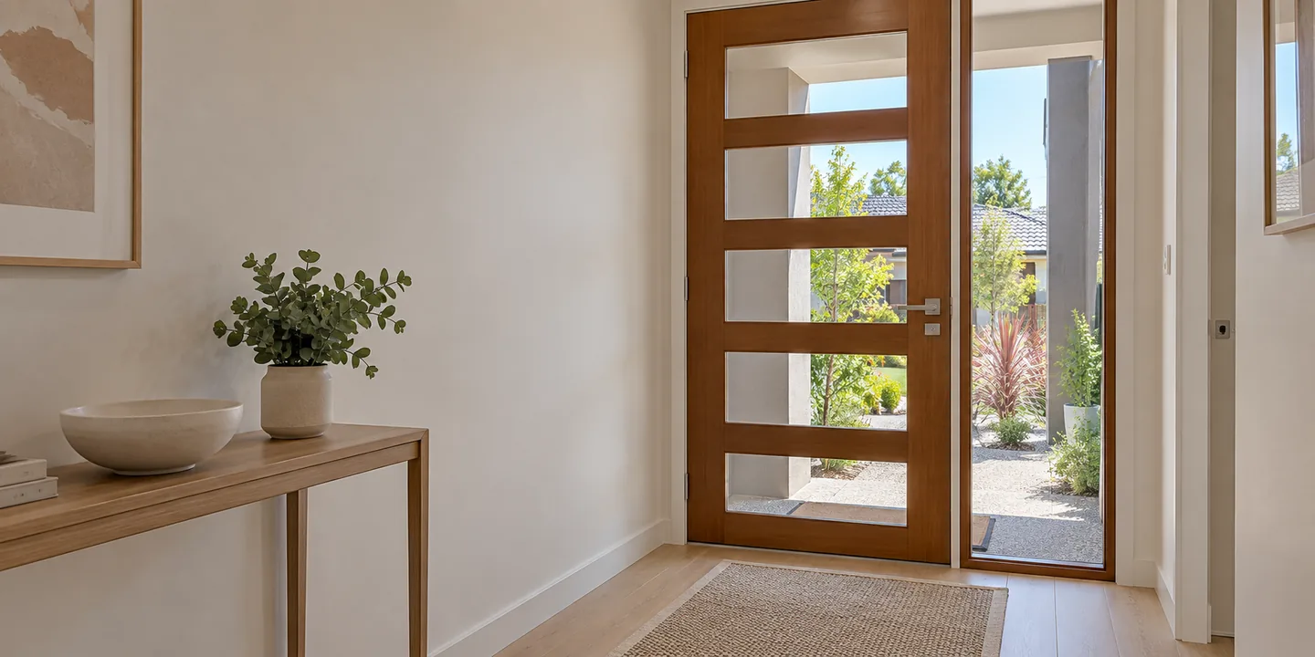 Illustration: entry hall looking to a timber front door with clear glass panels and a glass sidelight, the glass covered by clear safety film